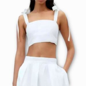 Zara Crop Top Womens Sleeveless Self Tie Bows Straps Crisp White Taffeta Crepe M